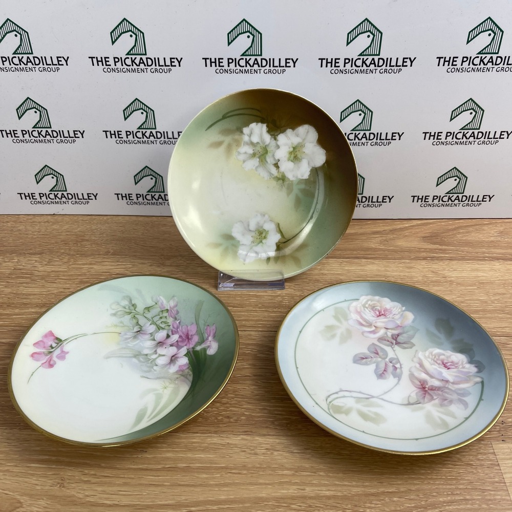 RS Germany E&R Hand Painted Floral Porcelain Plates Set of 3 Gold Trim 6.25 inch